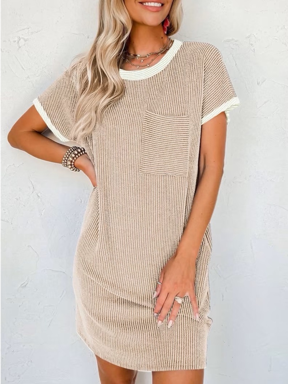 NWOT Beige Ribbed Pocket T-Shirt Dress with White Trim
